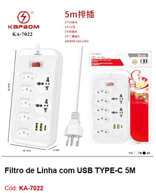 Filtro de Linha com USB TYPE-C 5M R$ 41,4 PCS/Cx:80