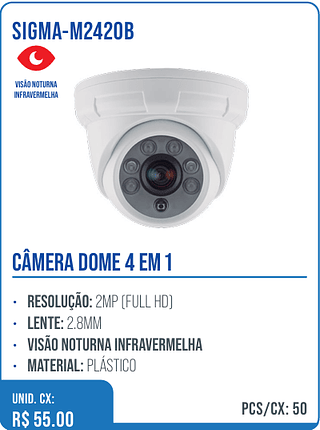 CÂMERA DOME 4 EM 1 UNID. CX: R$ 55.00 PCS/CX: 50