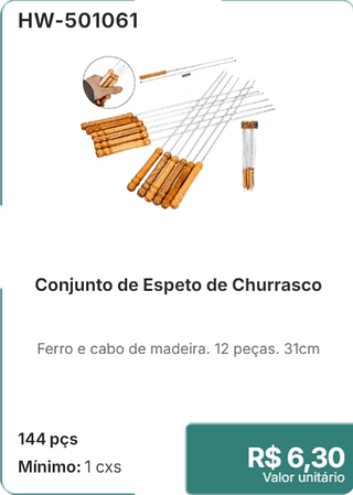 Conjunto de Espeto de Churrasco 144 pçs R$ 6.30