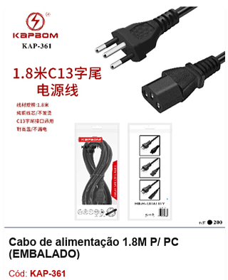 Cabo de alimentação 1.8M P/ PC R$ 4,95 PCS/cx:200