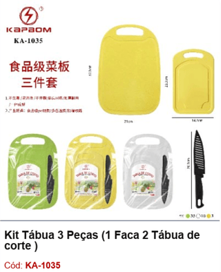 Kit Tábua 3 Peças (1 Faca 2 Tábua de corte ) R$ 11,7 PCS/CX: 48