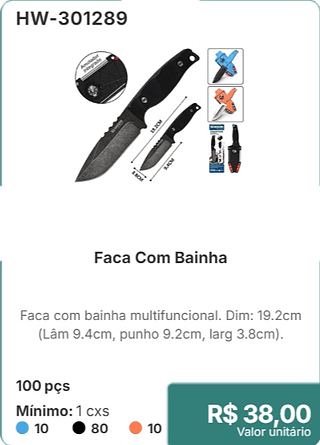 Faca Com Bainha 100 pçs R$ 38.00