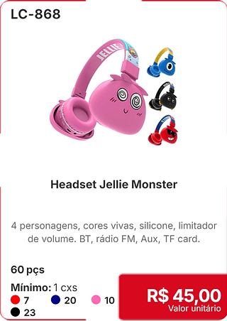 Headset Jellie Monster 60 pçs R$ 45.00