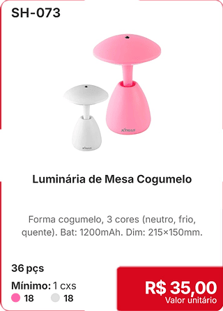 Luminaria de Mesa Cogumelo 36 pçs R$ 35.00