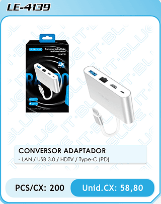 CONVERSOR ADAPTADOR - LAN / USB 3.0 / HDTV / Type-C (PD) PCS/CX: 200 Unid.CX: 58,80
