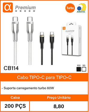 Cabo TIPO-C para TIPO-C - 60W Caixa 200 PCS Preco Unitario 8,80