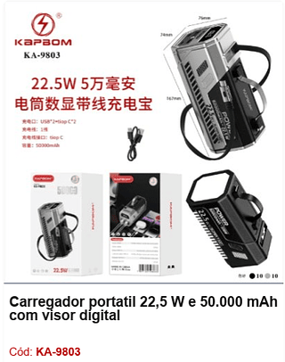 Carregador portatil 22,5 W e 50.000 mAh com visor digital R$139,5 PCS/cx:20