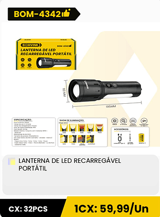 LANTERNA DE LED RECARREGÁVEL PORTÁTIL CX: 32PCS 1CX: 59,99/Un