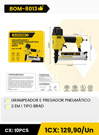 GRAMPEADOR E PREGADOR PNEUMÁTICO 2 EM I TIPO BRAD CX: 10PCS 1CX: 129,90/Un
