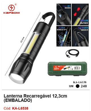 Lanterna Recarregável 12,3cm R$ 9,9 Pcs/cx: 240