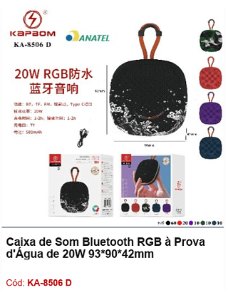 Caixa de Som Bluetooth RGB à Prova d'Água de 20W 93*90*42mm R$18 PCS/CX:100