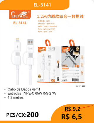 Cabo de Dados 4em1 PCS/CX:200 R$6,5