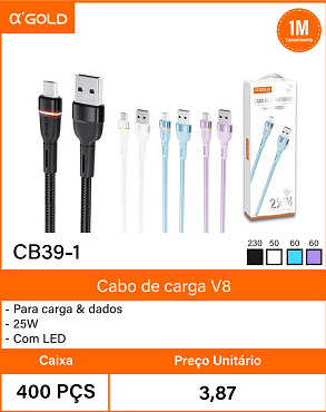 Cabo de carga V8 - Caixa 400 PCS Preco Unitario 3,87