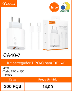 Kit carregador TIPO-C para TIPO-C Caixa 300 PCS Preco Unitario 14,00