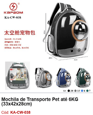 Mochila de Transporte Pet até 6KG (33x42x28cm) R$ 52,2 PCS/CX: 50