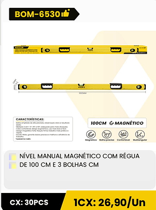 NÍVEL MANUAL MAGNÉTICO COM RÉGUA DE 100 CM E 3 BOLHAS CM CX: 30PCS 1CX: 26,90/Un