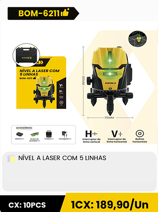 NÍVEL A LASER COM 5 LINHAS CX: 10PCS 1CX: 189,90/Un