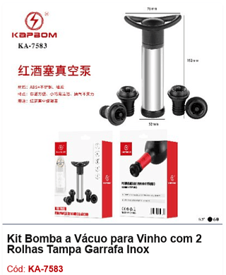 Kit Bomba a Vácuo para Vinho com 2 Rolhas Tampa Garrafa Inox R$ 15,75 PCS/Cx: 60