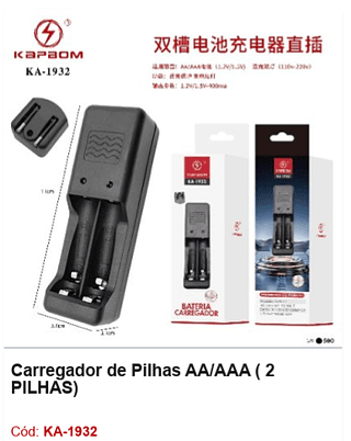 Carregador de Pilhas AA/AAA ( 2 PILHAS) R$ 5,85 PCS/Cx: 500