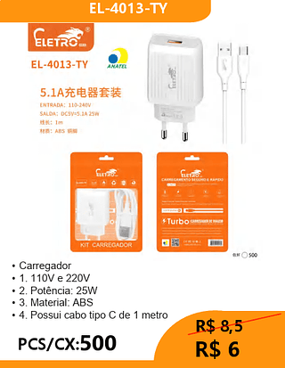 CARREGADOR TPC PCS/CX:500 R$6