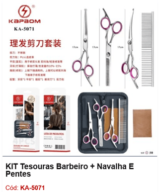 KIT Tesouras Barbeiro + Navalha E Pentes R$ 26,1 PCS/CX:50