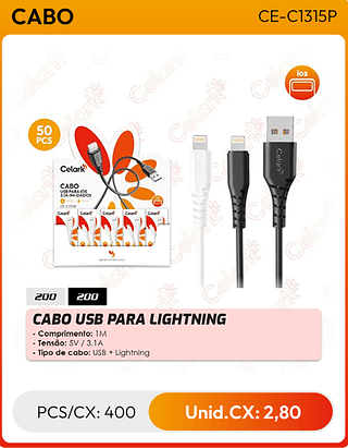 CABO USB PARA LIGHTNING PCS/CX: 400 Unid.CX: 2,80