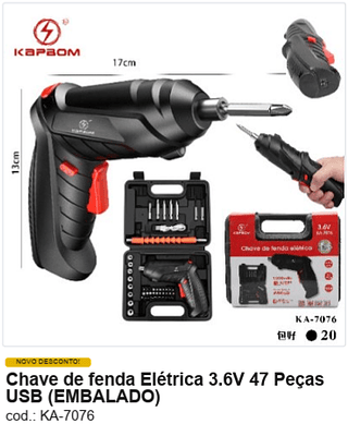 Chave de fenda Elétrica 3.6V 47 Peças USB R$ 34,2 PC/CX:20
