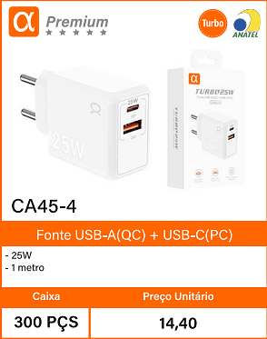 Fonte USB-A(QC)+ USB-C(PC) Caixa 300 PCS Preco Unitario 14,40