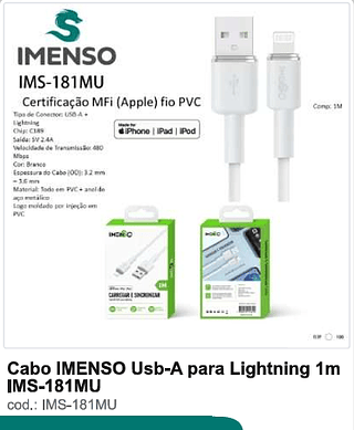 Cabo IMENSO USb-A para Lightning 1m 100PC/CX R$9