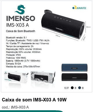 Caixa de som 10W R$ 72 PC/CX 16