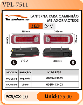 LANTERNA PARA CAMINHÃO MB AXOR/ACTROS PCS/CX:10 Unid:175.00