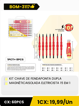 KIT CHAVE DE FENDAPONTA DUPLA MAGNÉTICAISOLADA ELETRICISTA 15 EM 1 CX: 60PCS 1CX: 19,99/Un