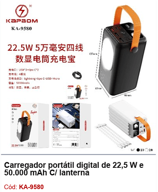 Carregador portátil digital de 22,5 W e 50.000 mAh C/ lanterna R$110,7 PCS/Cx:20