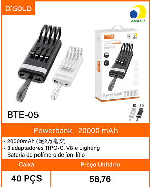 Powerbank20000 mAh Caixa 40 PCS Preco Unitario 58,76