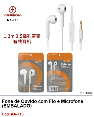 Fone de Ouvido com Fio e Microfone R$2,16 PCS/Cx:1000