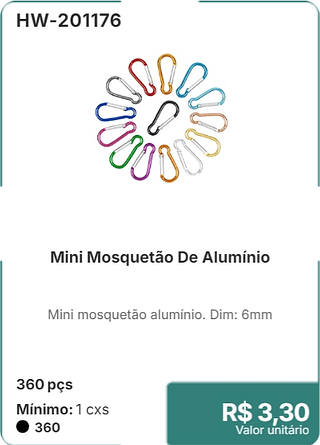 Mini Mosquetão De Alumínio 360 pçs R$ 3,30
