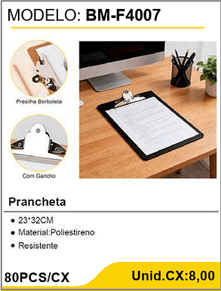 Prancheta 80PCS/CX Unid.CX:8,00