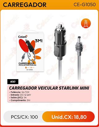 CARREGADOR VEICULAR STARLINK MINI - Potência: 36-72W - Entrada: DC12-24V - Saída (DC): 3A - Comprimento: ЗM100pç=18.8$