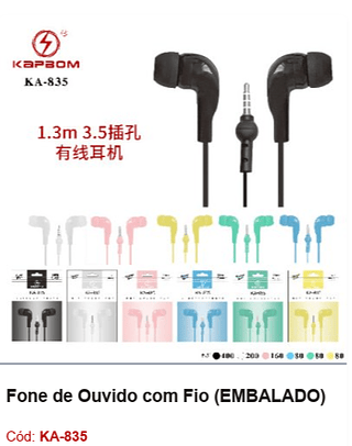 Fone de Ouvido com Fio R$1,44 PCS/CX:1000
