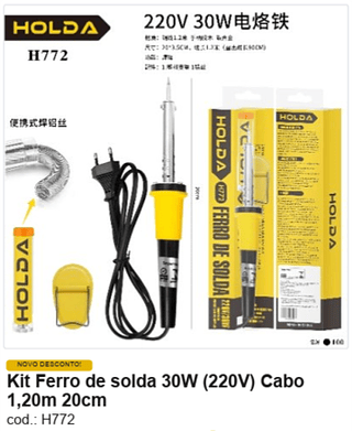 Kit Ferro de solda 30W (220V) Cabo 1,20m 20cm R$ 10,8 PC/CX:100