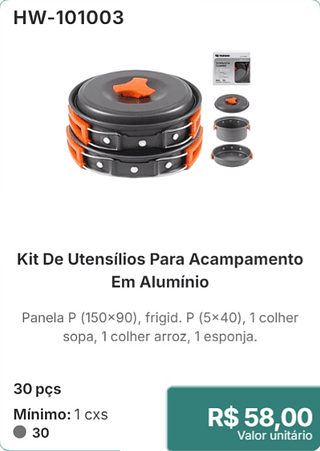 Kit De Utensílios Para Acampamento Em Alumínio 30 pçs R$ 58,00
