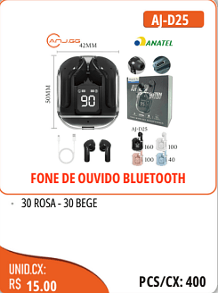 FONE DE OUVIDO BLUETOOTH UNID.CX: RS 15.00 PCS/CX:400