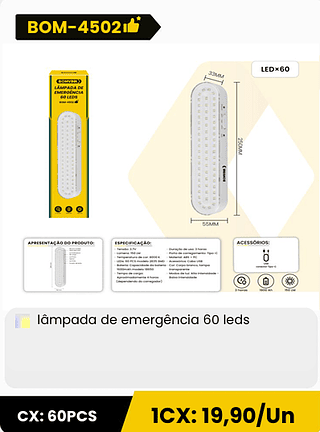 lâmpada de emergência 60 leds CX: 60PCS 1CX: 19,90/Un