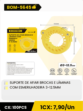 SUPORTE DE AFIAR BROCAS E LÂMINAS COM ESMERILHADEIRA 3-12.5MM CX: 100PCS 1CX: 7,90/Un