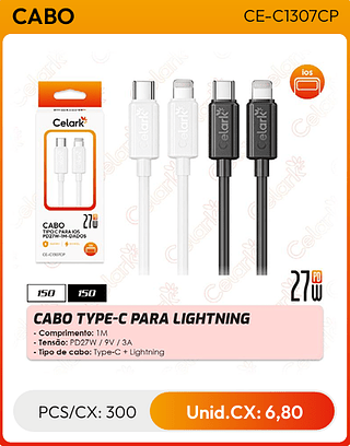 CABO TYPE-C PARA LIGHTNING PCS/CX: 300 Unid.CX: 6,80