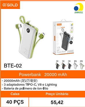Powerbank20000 mAh Caixa 40 PCS Preco Unitario 55,42