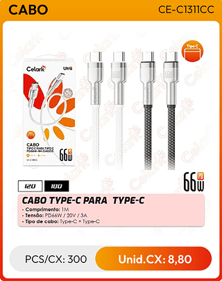 CABO TYPE-C PARA TYPE-C PCS/CX: 300 Unid.CX: 8,80