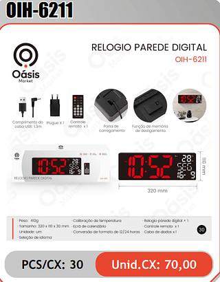 RELOGIO PAREDE DIGITAL PCS/CX: 30 Unid.CX: 70,00