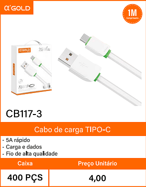 Cabo de cargaTIPO-C Caixa 400 PCS Preco Unitario 4,00