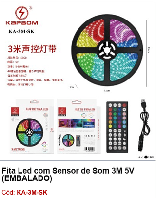 Fita Led com Sensor de Som 3M 5V R$ 13,95 PCS/cx: 100